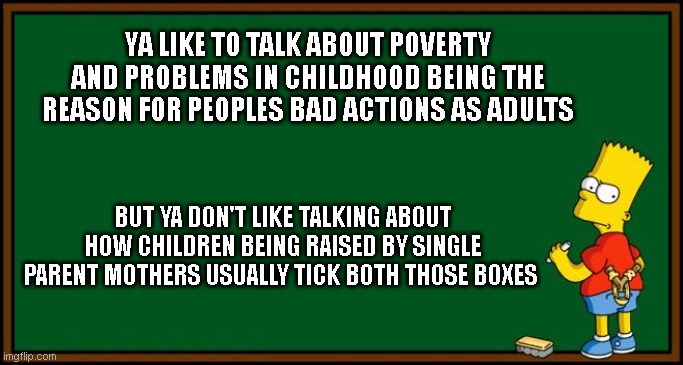Bart Simpson - chalkboard | YA LIKE TO TALK ABOUT POVERTY AND PROBLEMS IN CHILDHOOD BEING THE REASON FOR PEOPLES BAD ACTIONS AS ADULTS; BUT YA DON'T LIKE TALKING ABOUT HOW CHILDREN BEING RAISED BY SINGLE PARENT MOTHERS USUALLY TICK BOTH THOSE BOXES | image tagged in bart simpson - chalkboard | made w/ Imgflip meme maker