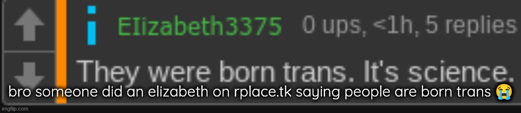 They were born trans | bro someone did an elizabeth on rplace.tk saying people are born trans 😭 | image tagged in they were born trans | made w/ Imgflip meme maker