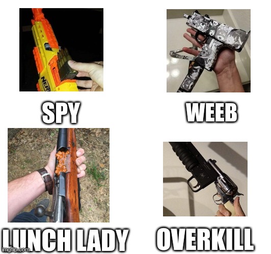 SPY; WEEB; OVERKILL; LUNCH LADY | image tagged in blank template | made w/ Imgflip meme maker