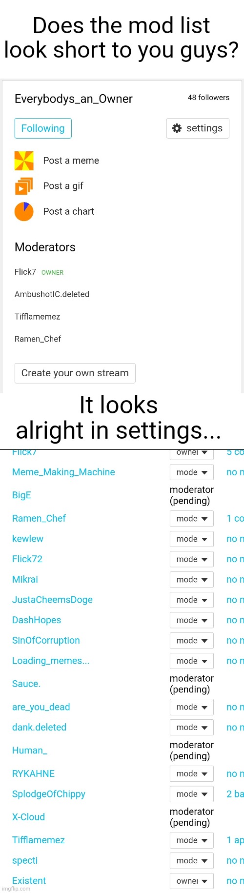 #1,340 | Does the mod list look short to you guys? It looks alright in settings... | image tagged in blank white template,streams,owner,moderators,help,what happened | made w/ Imgflip meme maker