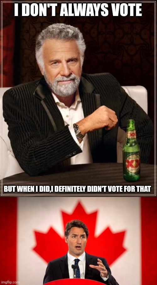 I DON'T ALWAYS VOTE; BUT WHEN I DID,I DEFINITELY DIDN'T VOTE FOR THAT | image tagged in memes,the most interesting man in the world,justin trudeau | made w/ Imgflip meme maker