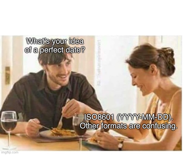 MAN WOMAN DATE WINE LAUGHING BLANK | What’s your idea of a perfect date? ISO8601 (YYYY-MM-DD). Other formats are confusing. | image tagged in man woman date wine laughing blank | made w/ Imgflip meme maker