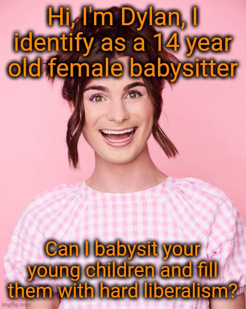 Anyone here that would say yes? | Hi, I'm Dylan, I identify as a 14 year old female babysitter; Can I babysit your young children and fill them with hard liberalism? | image tagged in dylan mulvaney,scumbag democrats,sicko,dont let him near your kids,groomer | made w/ Imgflip meme maker