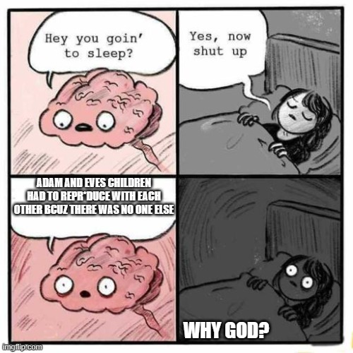 A weird meme | ADAM AND EVES CHILDREN HAD TO REPR*DUCE WITH EACH OTHER BCUZ THERE WAS NO ONE ELSE; WHY GOD? | image tagged in hey you going to sleep | made w/ Imgflip meme maker