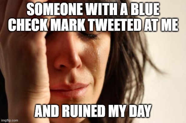 First World Problems | SOMEONE WITH A BLUE CHECK MARK TWEETED AT ME; AND RUINED MY DAY | image tagged in memes,first world problems | made w/ Imgflip meme maker