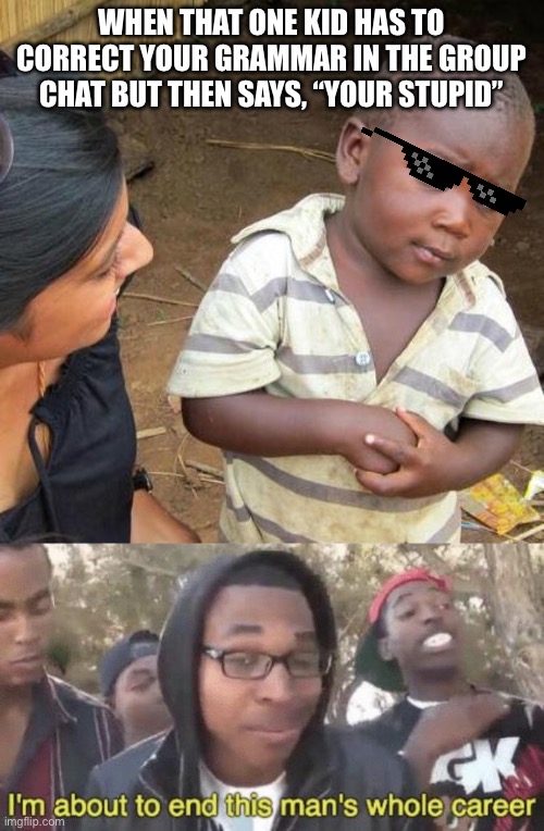 Tru tho | WHEN THAT ONE KID HAS TO CORRECT YOUR GRAMMAR IN THE GROUP CHAT BUT THEN SAYS, “YOUR STUPID” | image tagged in memes,third world skeptical kid,i m about to end this man s whole career | made w/ Imgflip meme maker