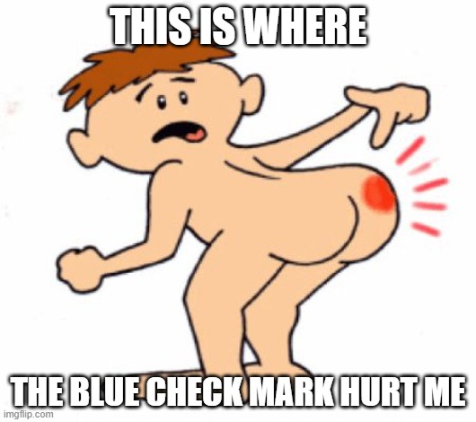 Butthurt | THIS IS WHERE; THE BLUE CHECK MARK HURT ME | image tagged in butthurt | made w/ Imgflip meme maker
