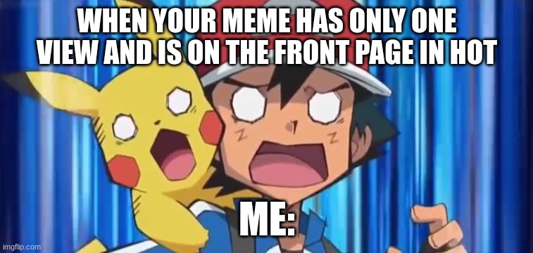 Logic doesn't work anymore | WHEN YOUR MEME HAS ONLY ONE VIEW AND IS ON THE FRONT PAGE IN HOT; ME: | image tagged in suprised ash and pikachu,wof | made w/ Imgflip meme maker