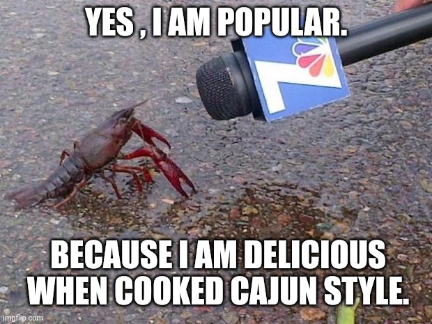 Crawfish Interview | YES , I AM POPULAR. BECAUSE I AM DELICIOUS WHEN COOKED CAJUN STYLE. | image tagged in crawfish interview | made w/ Imgflip meme maker