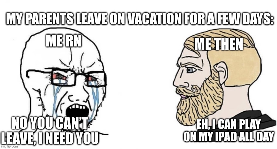 (Insert title) | MY PARENTS LEAVE ON VACATION FOR A FEW DAYS:; ME RN; ME THEN; NO YOU CAN’T LEAVE, I NEED YOU; EH, I CAN PLAY ON MY IPAD ALL DAY | image tagged in crying wojak vs chad | made w/ Imgflip meme maker