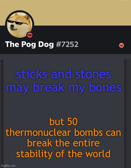 epic doggos epic discord temp | sticks and stones may break my bones; but 50 thermonuclear bombs can break the entire stability of the world | image tagged in epic doggos epic discord temp | made w/ Imgflip meme maker