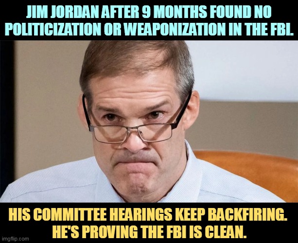 This miserable creep wants to re-investigate Bill and Hillary Clinton to add to his string of conspicuous failures. Loser. | JIM JORDAN AFTER 9 MONTHS FOUND NO POLITICIZATION OR WEAPONIZATION IN THE FBI. HIS COMMITTEE HEARINGS KEEP BACKFIRING. 
HE'S PROVING THE FBI IS CLEAN. | image tagged in jim jordan,fbi,weaponization,politicization,failure,hillary clinton | made w/ Imgflip meme maker