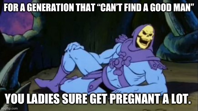 Sexy Skeletor | FOR A GENERATION THAT “CAN’T FIND A GOOD MAN”; YOU LADIES SURE GET PREGNANT A LOT. | image tagged in sexy skeletor | made w/ Imgflip meme maker