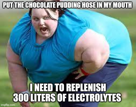 fat person | PUT THE CHOCOLATE PUDDING HOSE IN MY MOUTH; I NEED TO REPLENISH 300 LITERS OF ELECTROLYTES | image tagged in fat person | made w/ Imgflip meme maker