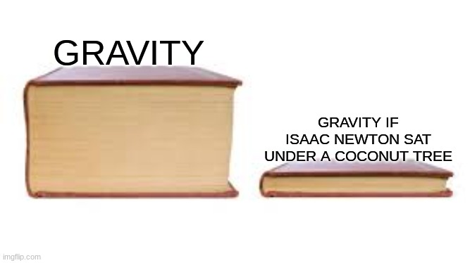 gravity memes | GRAVITY; GRAVITY IF ISAAC NEWTON SAT UNDER A COCONUT TREE | image tagged in big book small book | made w/ Imgflip meme maker