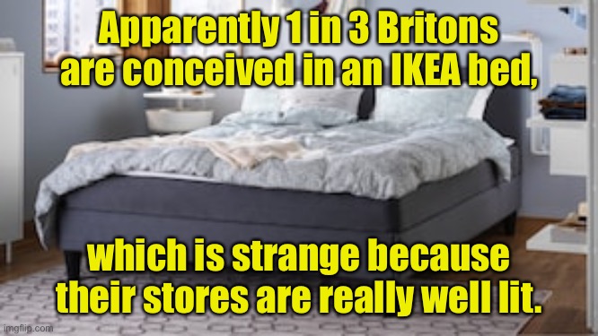 Conceived in IKEA bed | Apparently 1 in 3 Britons are conceived in an IKEA bed, which is strange because their stores are really well lit. | image tagged in ikea bed,one in three,conceived,open and well lit | made w/ Imgflip meme maker