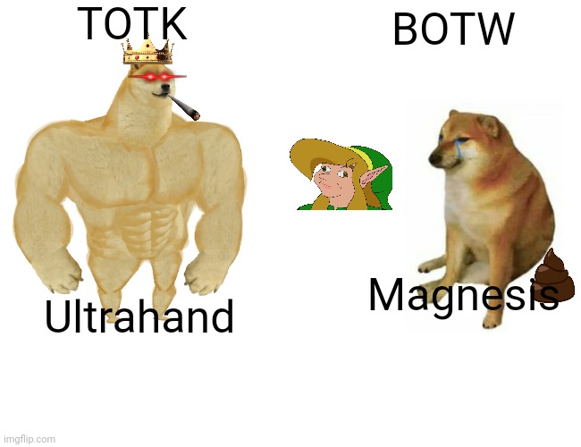 Zelda Runes Be Like | TOTK; BOTW; Magnesis; Ultrahand | image tagged in memes,buff doge vs cheems | made w/ Imgflip meme maker