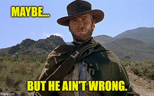 Clint Eastwood - Western | MAYBE... BUT HE AIN'T WRONG. | image tagged in clint eastwood - western | made w/ Imgflip meme maker