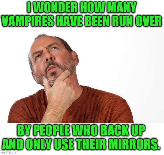 Hmm | I WONDER HOW MANY VAMPIRES HAVE BEEN RUN OVER; BY PEOPLE WHO BACK UP AND ONLY USE THEIR MIRRORS. | image tagged in hmmm | made w/ Imgflip meme maker