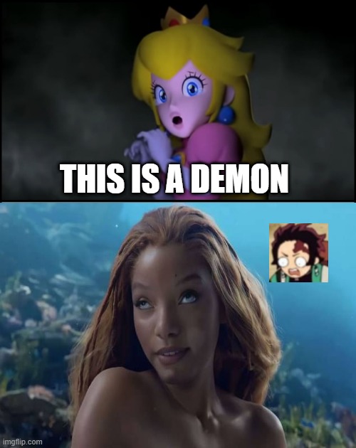 princess peach scared of ugly ariel | THIS IS A DEMON | image tagged in princess peach,ariel,demons,the little mermaid,nintendo | made w/ Imgflip meme maker