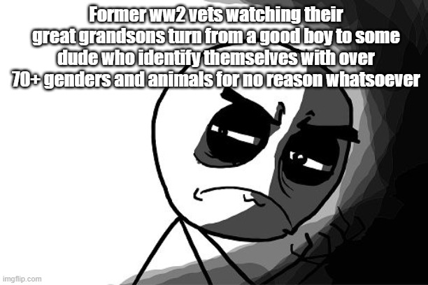 you what have you done (rage comics) | Former ww2 vets watching their great grandsons turn from a good boy to some dude who identify themselves with over 70+ genders and animals for no reason whatsoever | image tagged in you what have you done rage comics | made w/ Imgflip meme maker