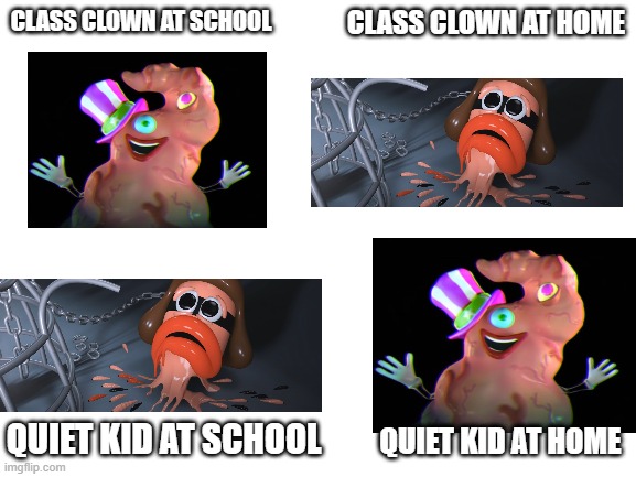 explained by ben wheele | CLASS CLOWN AT SCHOOL; CLASS CLOWN AT HOME; QUIET KID AT SCHOOL; QUIET KID AT HOME | image tagged in blank white template | made w/ Imgflip meme maker
