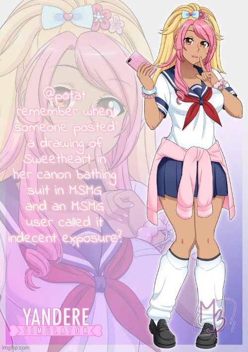 Kokoro Momoiro | @potat remember when someone posted a drawing of Sweetheart in her canon bathing suit in MSMG and an MSMG user called it indecent exposure? | image tagged in kokoro momoiro | made w/ Imgflip meme maker