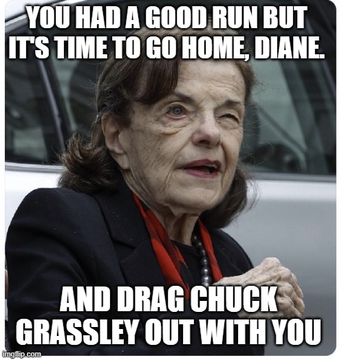 It's time for Mrs. Feinstein to step down, take what time she has left and work on her bucket list. | YOU HAD A GOOD RUN BUT IT'S TIME TO GO HOME, DIANE. AND DRAG CHUCK GRASSLEY OUT WITH YOU | image tagged in senator diane feinstein | made w/ Imgflip meme maker