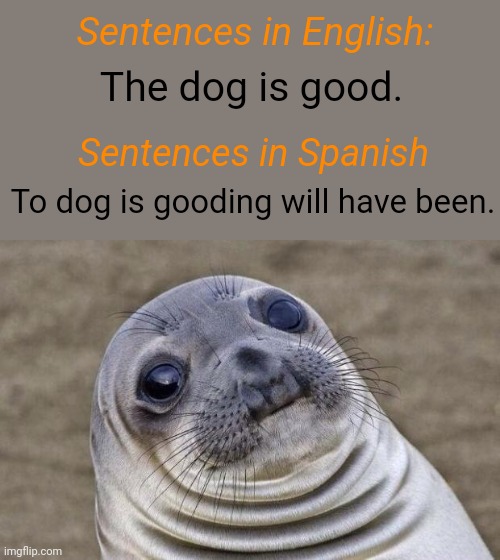 When you're trying to learn Spanish | Sentences in English:; The dog is good. Sentences in Spanish; To dog is gooding will have been. | image tagged in memes,awkward moment sealion,spanish | made w/ Imgflip meme maker