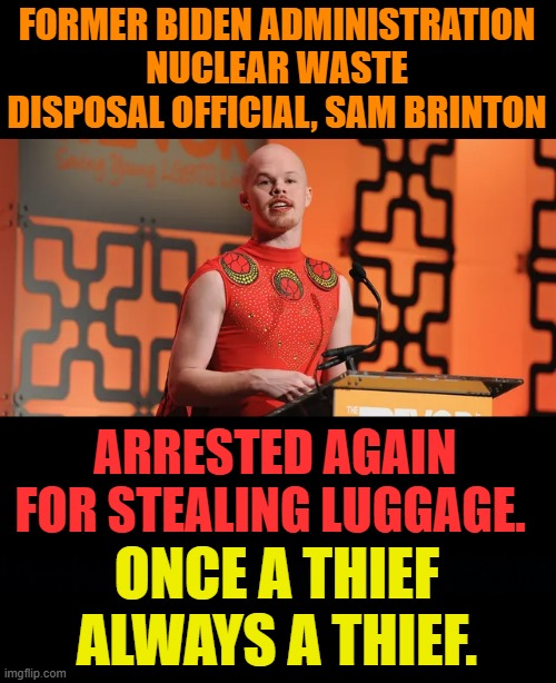 Who's Picking These People... And Is Nobody Vetted? | FORMER BIDEN ADMINISTRATION NUCLEAR WASTE DISPOSAL OFFICIAL, SAM BRINTON; ARRESTED AGAIN FOR STEALING LUGGAGE. ONCE A THIEF ALWAYS A THIEF. | image tagged in memes,politics,joe biden,its official,luggage,thief | made w/ Imgflip meme maker