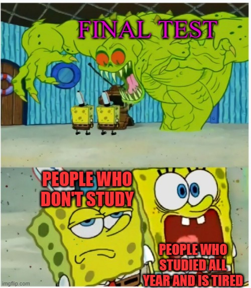 STOP, THE SCHOOL IS OVER | FINAL TEST; PEOPLE WHO DON'T STUDY; PEOPLE WHO STUDIED ALL YEAR AND IS TIRED | image tagged in spongebob squarepants scared but also not scared | made w/ Imgflip meme maker