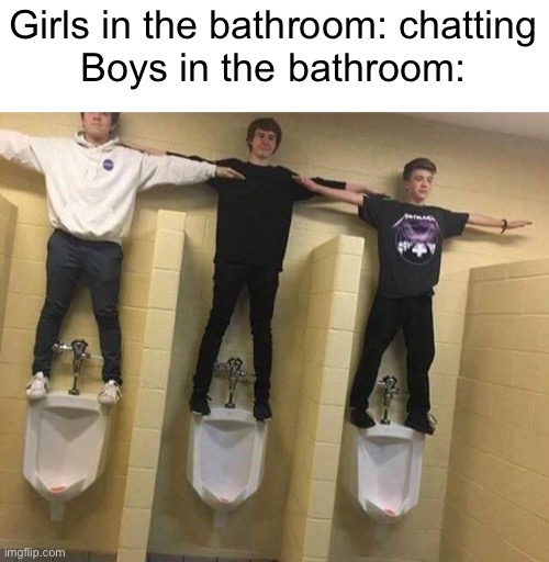 Meme #1,350 | Girls in the bathroom: chatting
Boys in the bathroom: | image tagged in boys vs girls,boys,girls,bathroom,memes,school | made w/ Imgflip meme maker