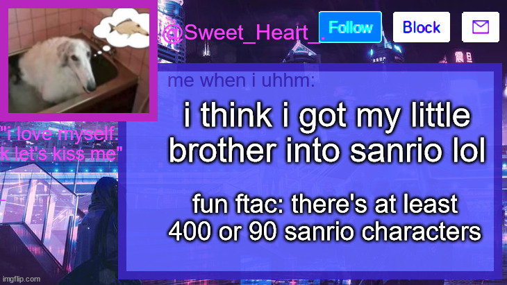 nassisimd | i think i got my little brother into sanrio lol; fun ftac: there's at least 400 or 90 sanrio characters | image tagged in nassisimd | made w/ Imgflip meme maker