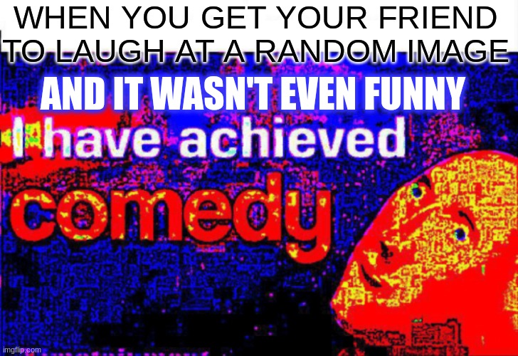 I have achieved comedy | WHEN YOU GET YOUR FRIEND TO LAUGH AT A RANDOM IMAGE; AND IT WASN'T EVEN FUNNY | image tagged in i have achieved comedy | made w/ Imgflip meme maker