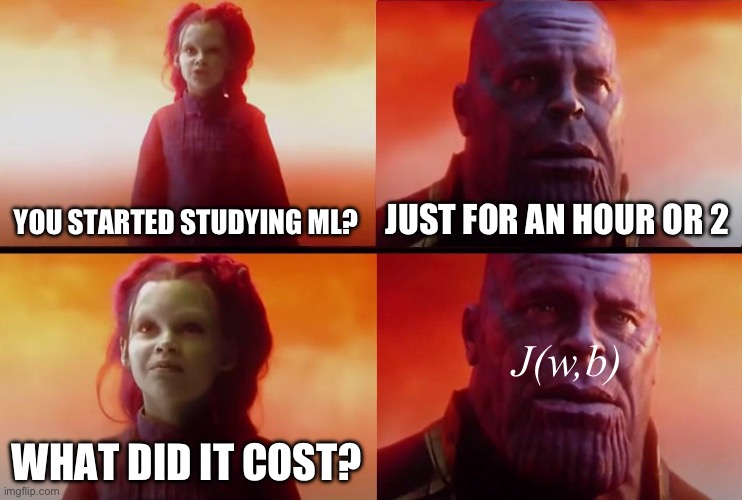 thanos what did it cost | YOU STARTED STUDYING ML? JUST FOR AN HOUR OR 2; J(w,b); WHAT DID IT COST? | image tagged in thanos what did it cost | made w/ Imgflip meme maker