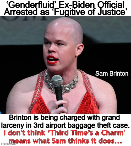 Fewer consequences to just buy your own dresses rather than steal them... | ‘Genderfluid’ Ex-Biden Official; Arrested as ‘Fugitive of Justice’; Sam Brinton; Brinton is being charged with grand 
larceny in 3rd airport baggage theft case. I don't think ‘Third Time’s a Charm' 
means what Sam thinks it does... | image tagged in politics,poor choices,somethings wrong,thief,biden administration,political humor | made w/ Imgflip meme maker