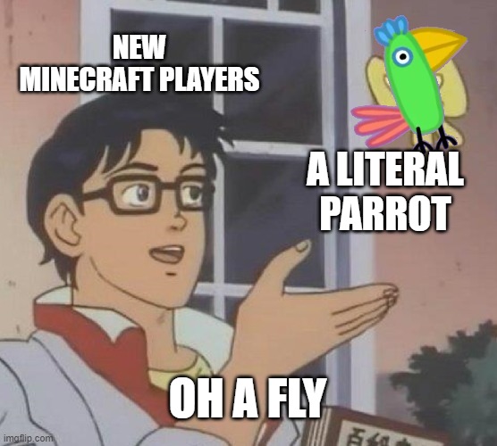 This doesn't even look like a fly. | NEW MINECRAFT PLAYERS; A LITERAL PARROT; OH A FLY | image tagged in memes,is this a pigeon | made w/ Imgflip meme maker