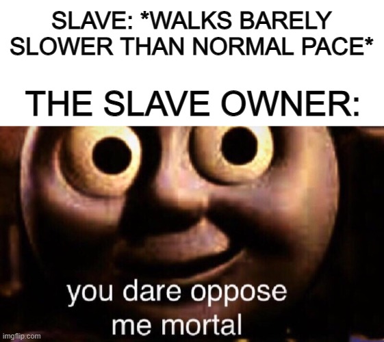 Thankfully not all slave owners were like this... | SLAVE: *WALKS BARELY SLOWER THAN NORMAL PACE*; THE SLAVE OWNER: | image tagged in blank white template,you dare oppose me mortal | made w/ Imgflip meme maker