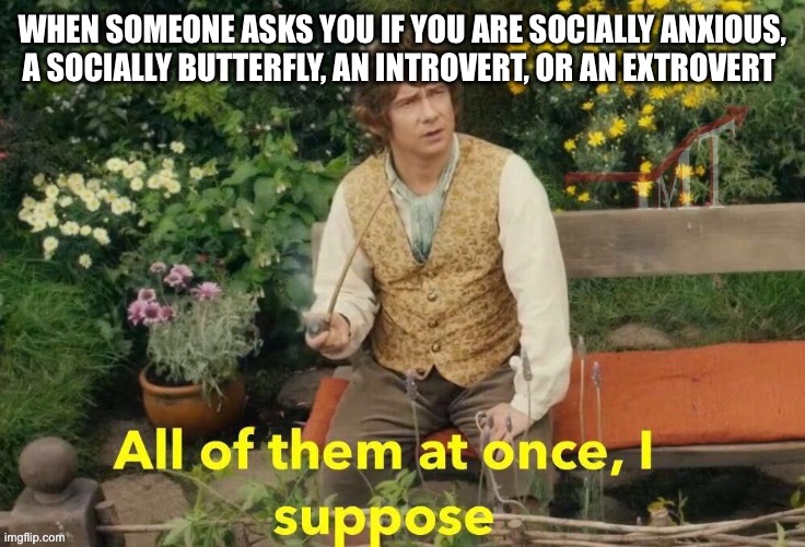 All of them at once I suppose | WHEN SOMEONE ASKS YOU IF YOU ARE SOCIALLY ANXIOUS, A SOCIALLY BUTTERFLY, AN INTROVERT, OR AN EXTROVERT | image tagged in all of them at once i suppose | made w/ Imgflip meme maker