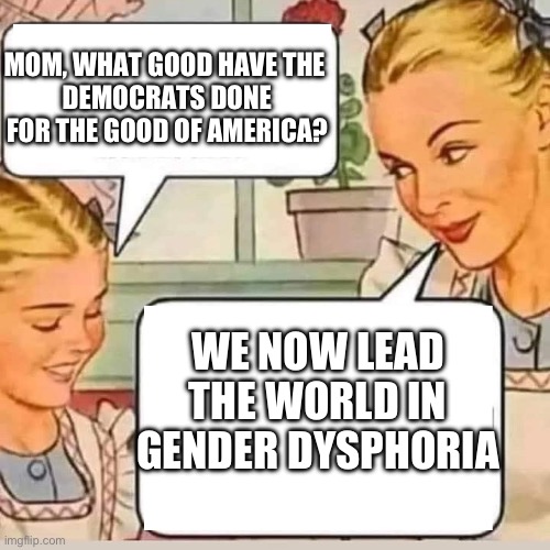 Dysphoria | MOM, WHAT GOOD HAVE THE 
DEMOCRATS DONE FOR THE GOOD OF AMERICA? WE NOW LEAD THE WORLD IN
GENDER DYSPHORIA | image tagged in mom knows | made w/ Imgflip meme maker