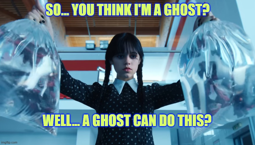 Ghost Wednesday meme | SO... YOU THINK I'M A GHOST? WELL... A GHOST CAN DO THIS? | image tagged in addams family,ghost | made w/ Imgflip meme maker