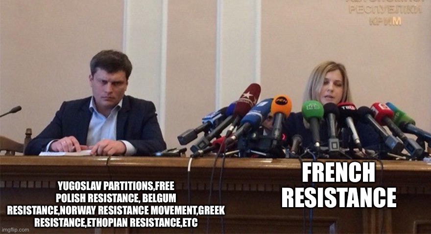 Resistance groups in a Nutshell ww2 | FRENCH RESISTANCE; YUGOSLAV PARTITIONS,FREE POLISH RESISTANCE, BELGUM RESISTANCE,NORWAY RESISTANCE MOVEMENT,GREEK RESISTANCE,ETHOPIAN RESISTANCE,ETC | image tagged in man and woman microphone,ww2 | made w/ Imgflip meme maker