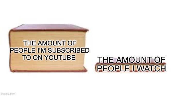 Big book small book | THE AMOUNT OF PEOPLE I WATCH; THE AMOUNT OF PEOPLE I’M SUBSCRIBED TO ON YOUTUBE | image tagged in big book small book | made w/ Imgflip meme maker