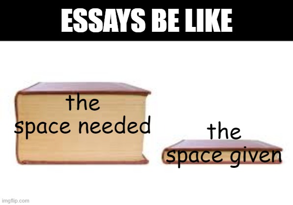 Big book small book | ESSAYS BE LIKE; the space needed; the space given | image tagged in big book small book | made w/ Imgflip meme maker