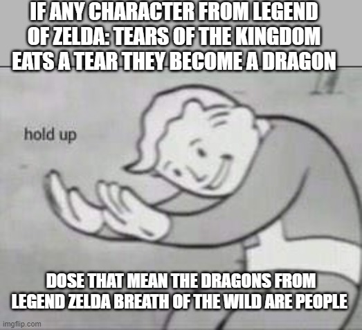 Make me wonder | IF ANY CHARACTER FROM LEGEND OF ZELDA: TEARS OF THE KINGDOM EATS A TEAR THEY BECOME A DRAGON; DOSE THAT MEAN THE DRAGONS FROM LEGEND ZELDA BREATH OF THE WILD ARE PEOPLE | image tagged in fallout hold up | made w/ Imgflip meme maker