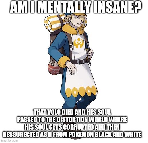 Volo | AM I MENTALLY INSANE? THAT VOLO DIED AND HES SOUL PASSED TO THE DISTORTION WORLD WHERE HIS SOUL GETS CORRUPTED AND THEN RESSURECTED AS N FROM POKEMON BLACK AND WHITE | image tagged in volo | made w/ Imgflip meme maker