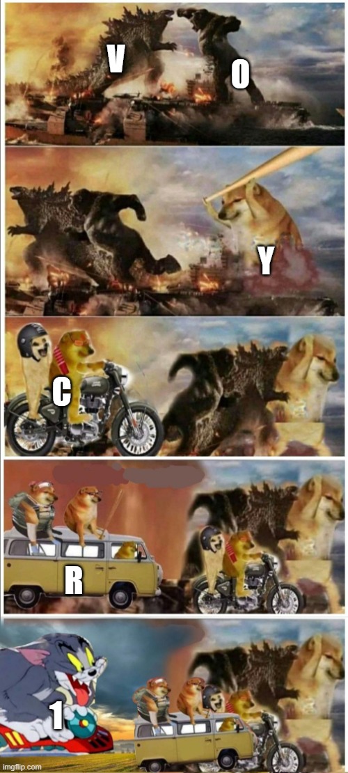 1 | O; V; Y; C; R; 1 | image tagged in godzilla vs king kong vs doge vs buff doge vs tom | made w/ Imgflip meme maker