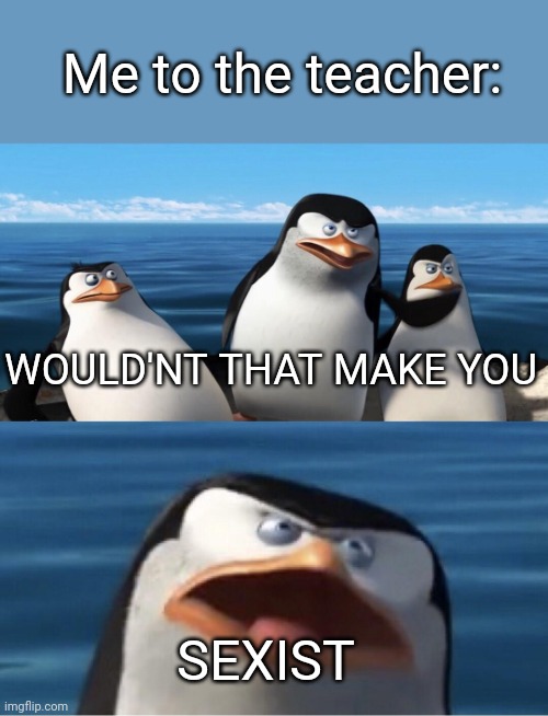 Wouldn't that make you | WOULD'NT THAT MAKE YOU SEXIST Me to the teacher: | image tagged in wouldn't that make you | made w/ Imgflip meme maker