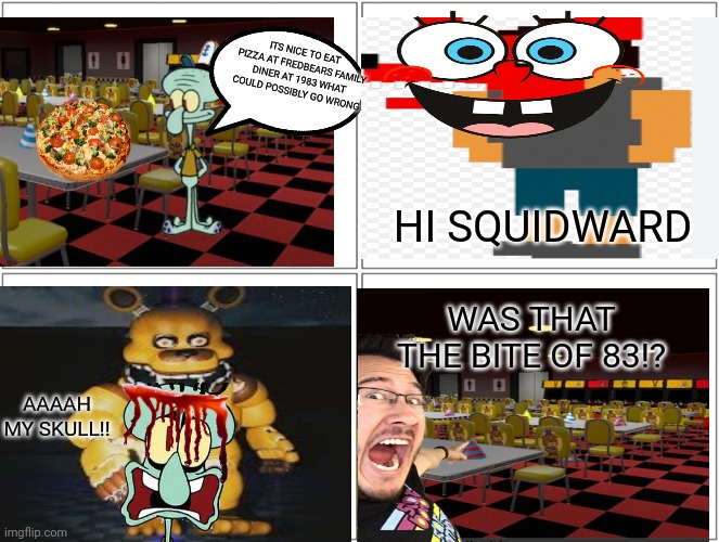 HI SQUIDWARD BITE OF 83 EDITION | ITS NICE TO EAT PIZZA AT FREDBEARS FAMILY DINER AT 1983 WHAT COULD POSSIBLY GO WRONG; HI SQUIDWARD; WAS THAT THE BITE OF 83!? AAAAH MY SKULL!! | image tagged in fnaf,spongebob | made w/ Imgflip meme maker