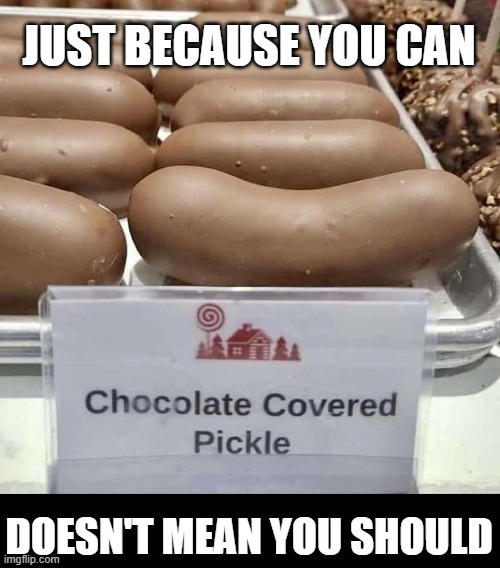 JUST BECAUSE YOU CAN; DOESN'T MEAN YOU SHOULD | image tagged in pickle,chocolate,weird food,gross | made w/ Imgflip meme maker